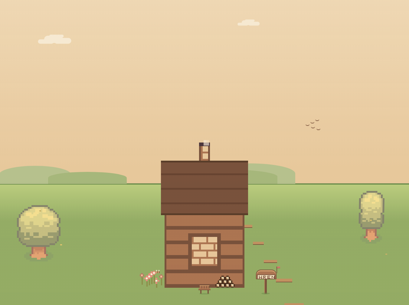 Wren's pixel art cabin in a valley, day 120